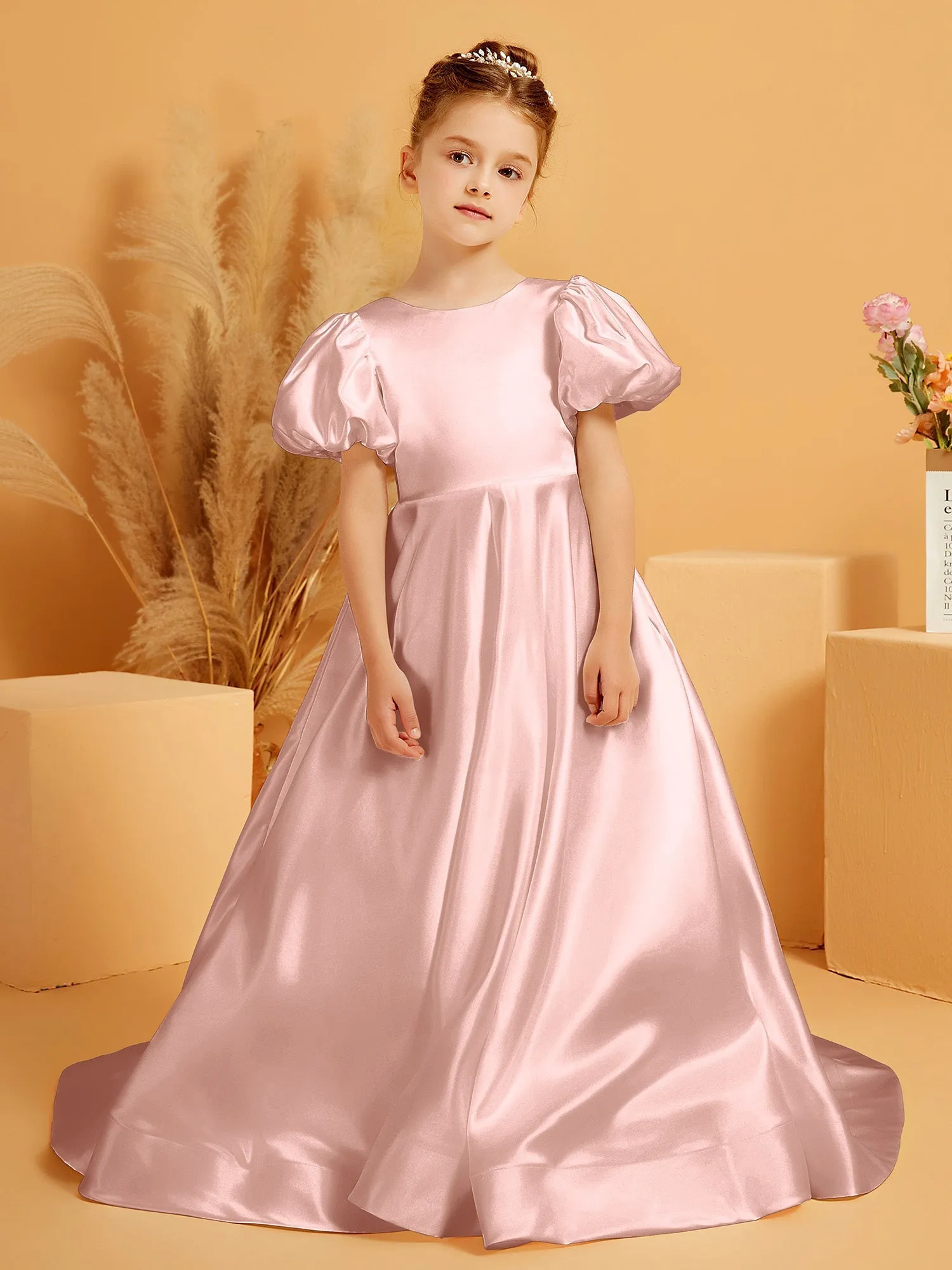 A-Linie Plissee Satin Blumenmdchenkleid Staubige Rosa