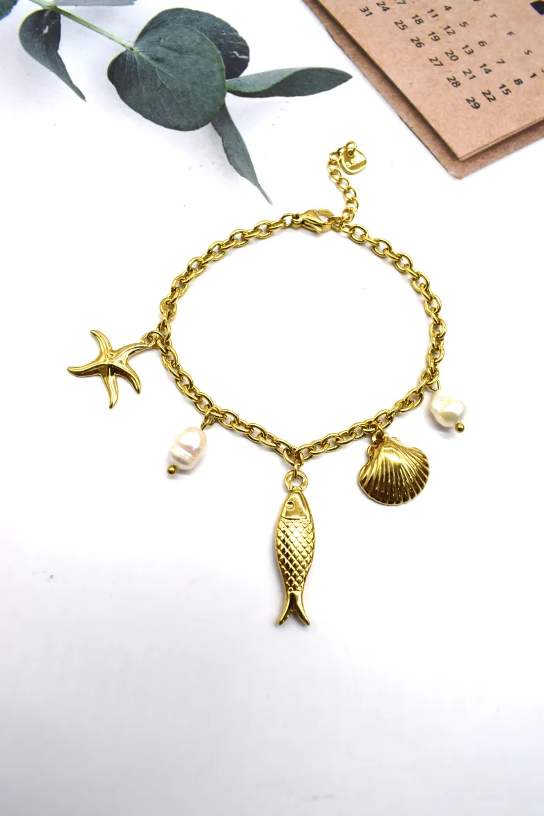 Armband mit Seestern-Muschel-Anhänger aus Edelstahl