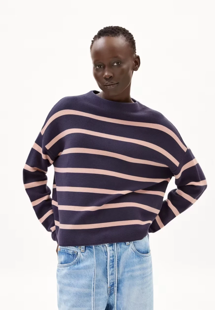 Armedangels Damen Pullover Merinaa Stripes moonlight gray-rosalilly