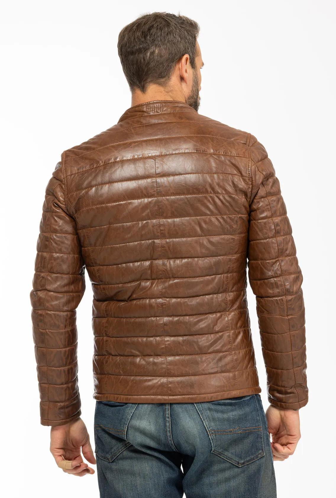 Cognacfarbene Herren-Daunenjacke aus Lammleder &quot;64077&quot;