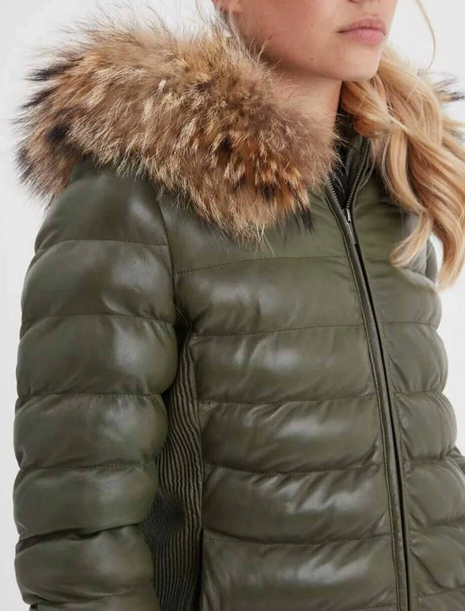 Damen-Daunenjacke aus Leder mit Kapuze, Flechten-Rosengarten &bdquo;adela&ldquo;