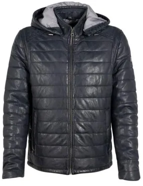 Herren-Daunenjacke aus Leder mit Kapuze in Zigeunerblau