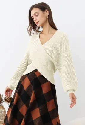 Kreuz und quer gerippter Strickpullover in Elfenbein