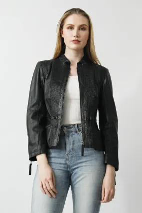 Kurze Damen Lederjacke mit Stehkragen