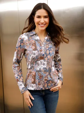 Langarm-Poloshirt in dunkelblau-cognac-bedruckt