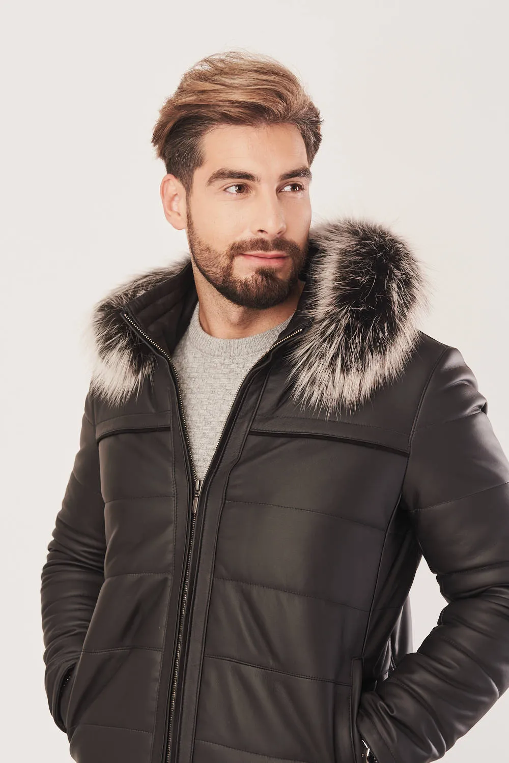 Leder-Daunenjacke für Männer Schwarz