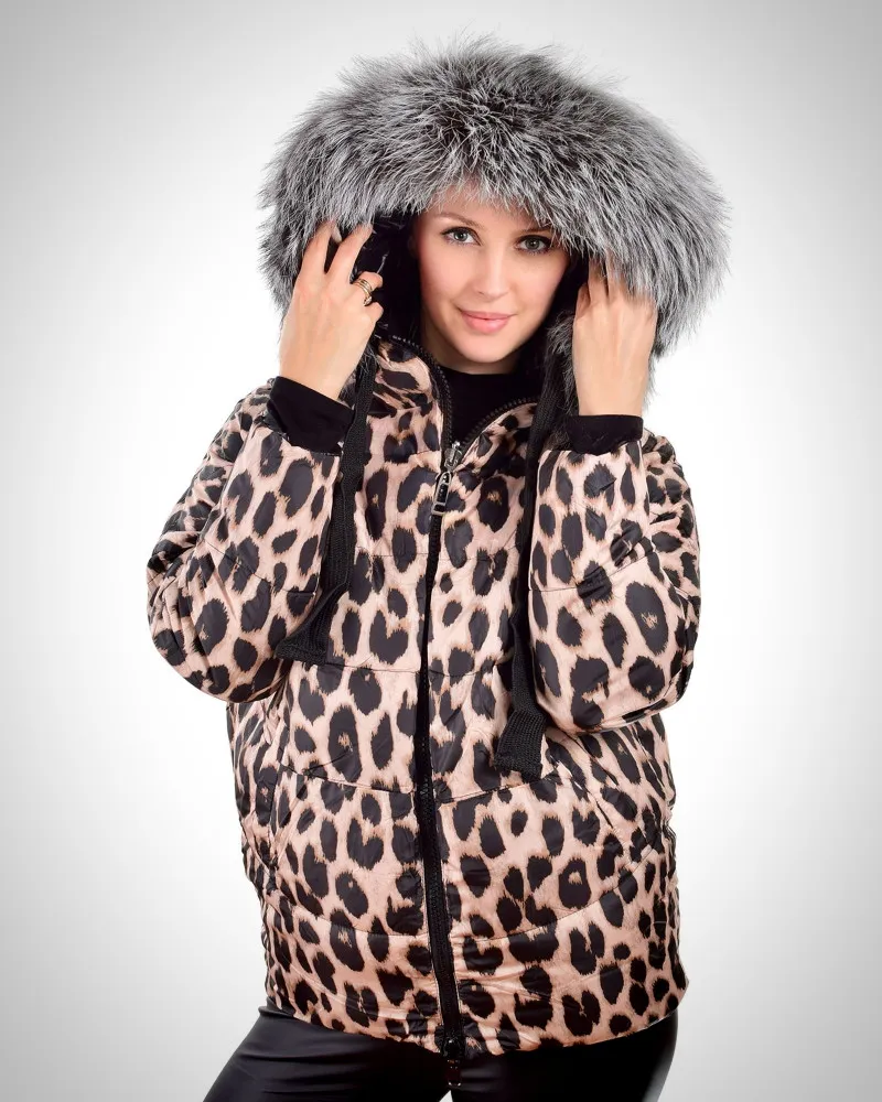 Leopardenmuster Wendbare Winterjacke mit Kapuze aus Fuchsfell