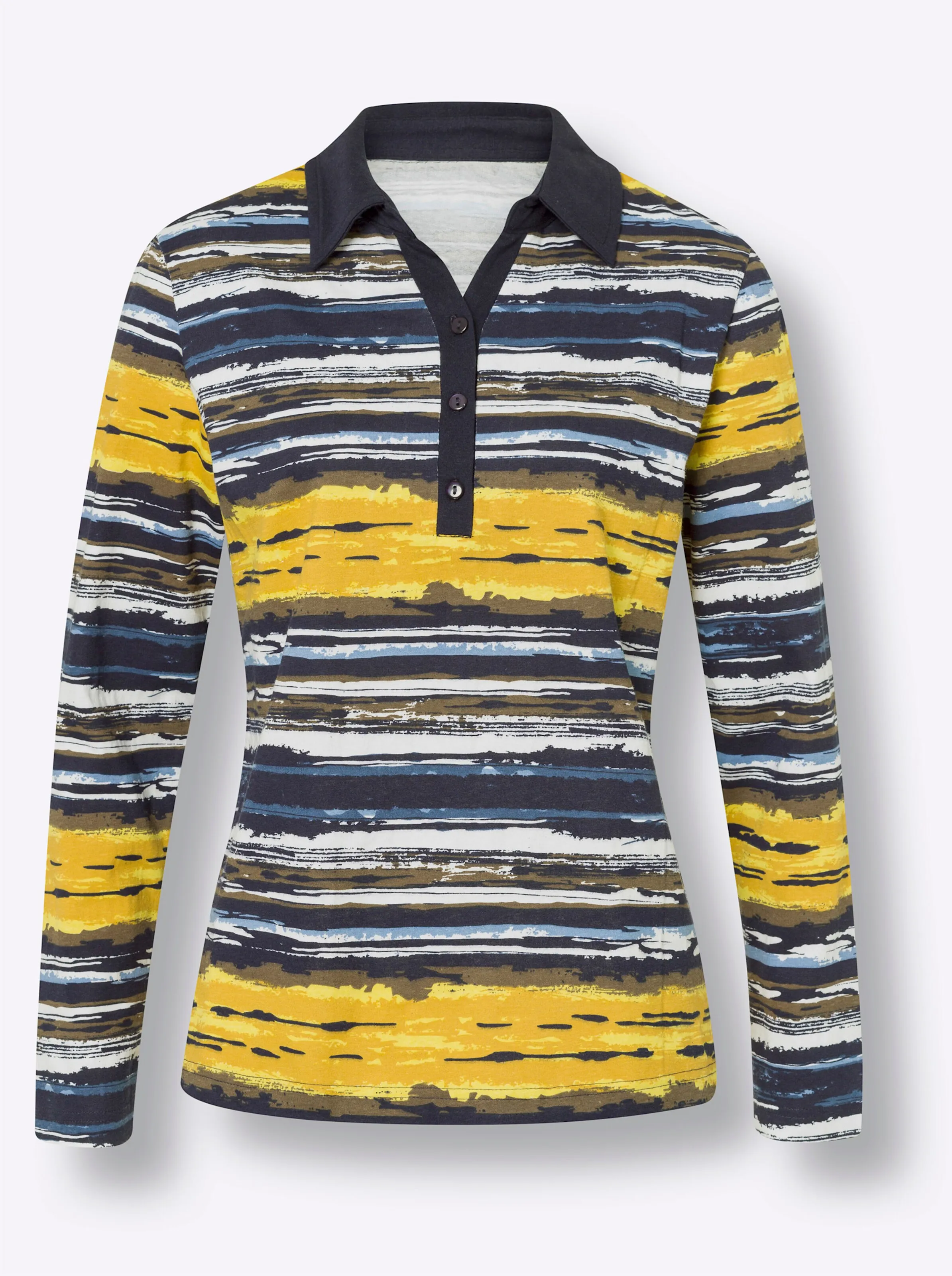Poloshirt in marine-ocker-bedruckt