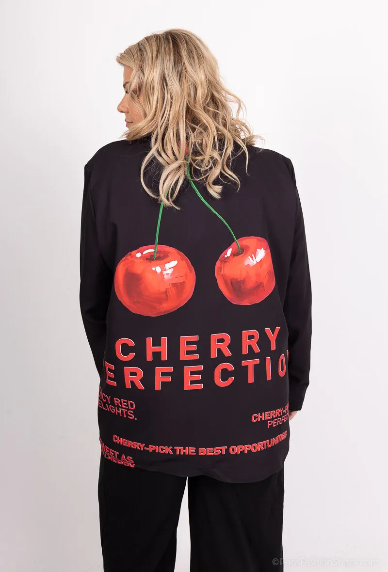 Schwarzer Blazer in Übergröße mit „Cerise Perfection“-Aufdruck