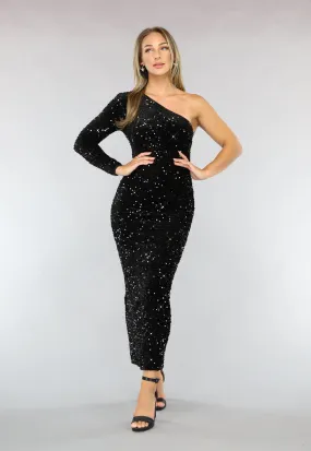 Schwarzes One Shoulder Maxikleid mit Pailletten